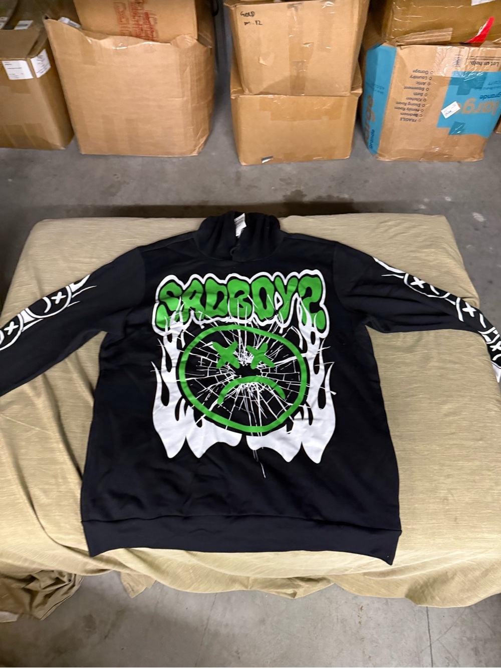 Sadboys Black Graphic Hoodie with Green & White Print